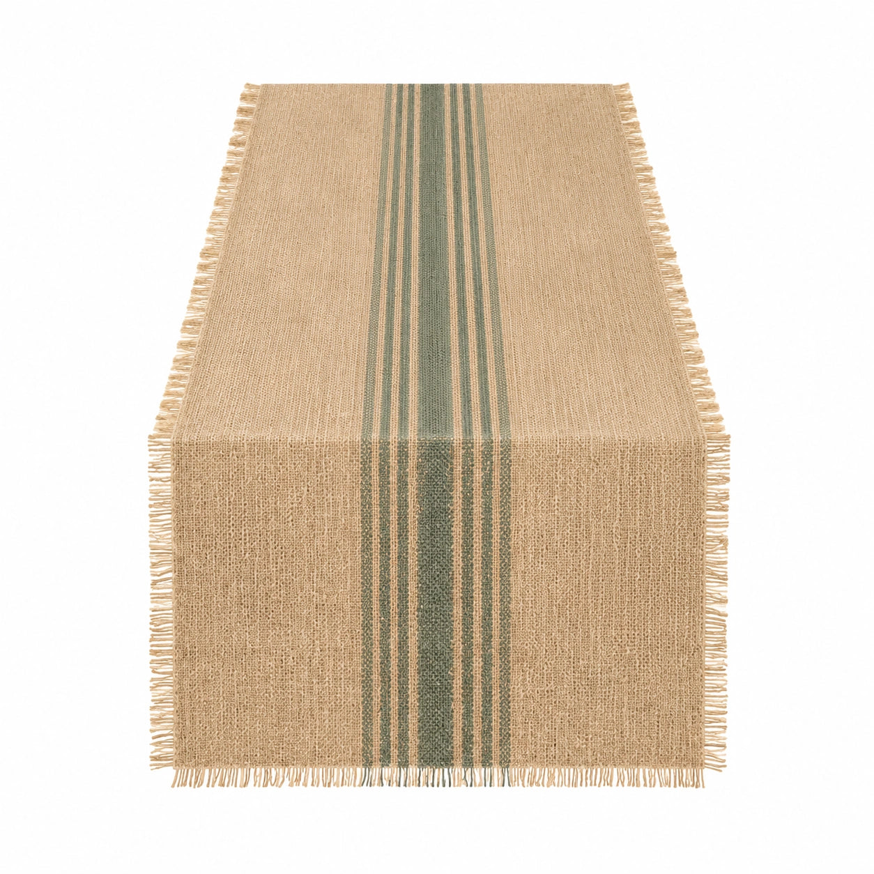 Chemin de table 180 x 40 cm en fibres tissées beige vert à franges style naturel