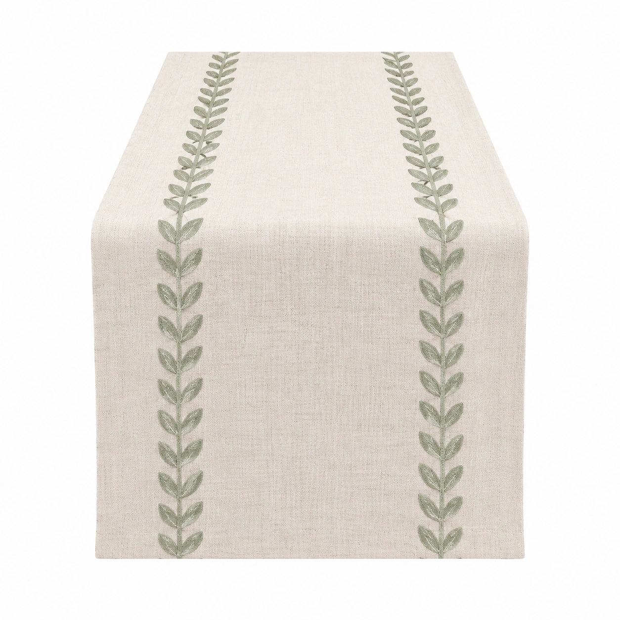 Chemin de table 180 x 40 cm en tissu aspect lin beige et vert à motif végétal décoratif