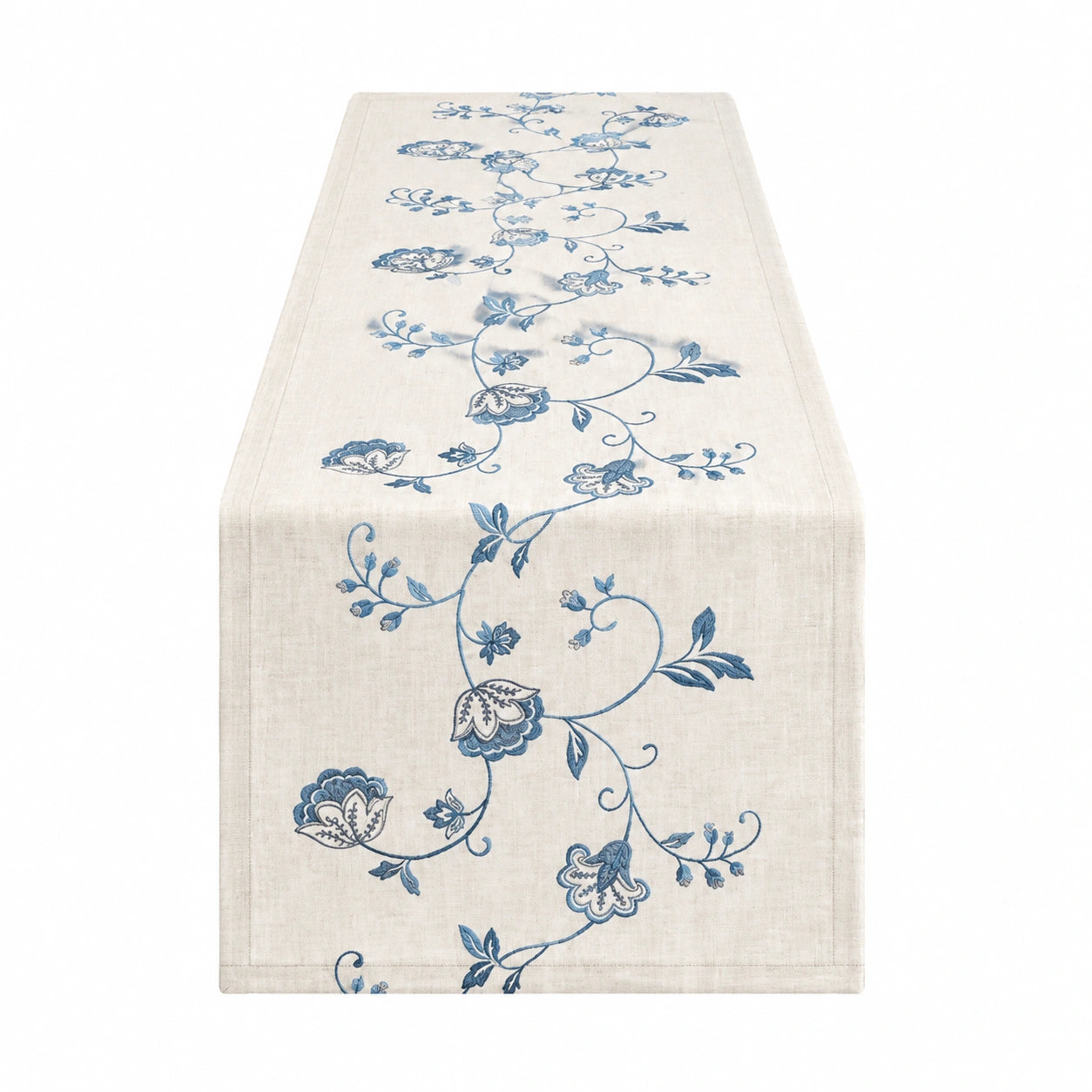 Chemin de table 180 x 33 cm en tissu beige à fleurs bleues style classique
