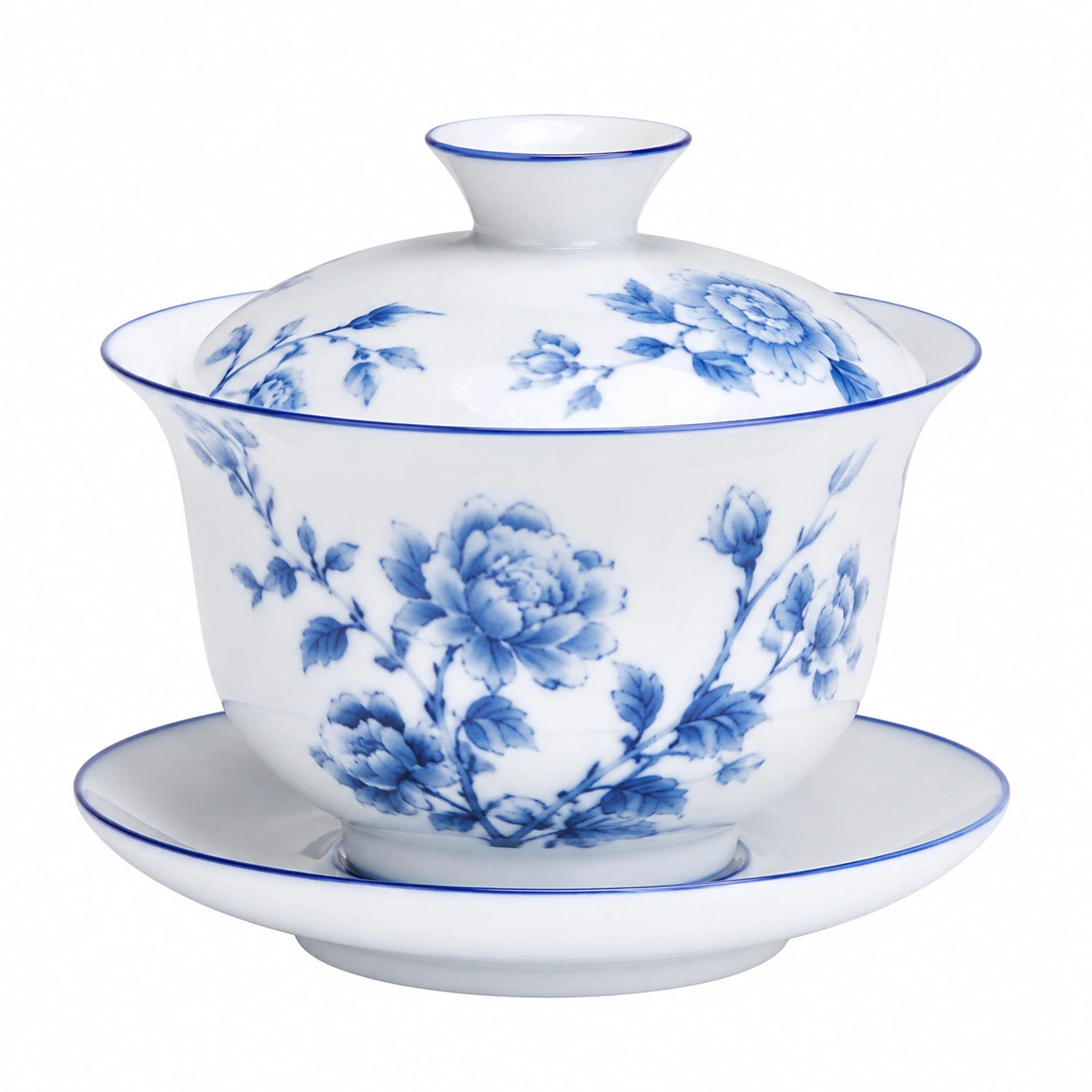Gaiwan en porcelaine 150 ml blanc et bleu à décor floral avec couvercle