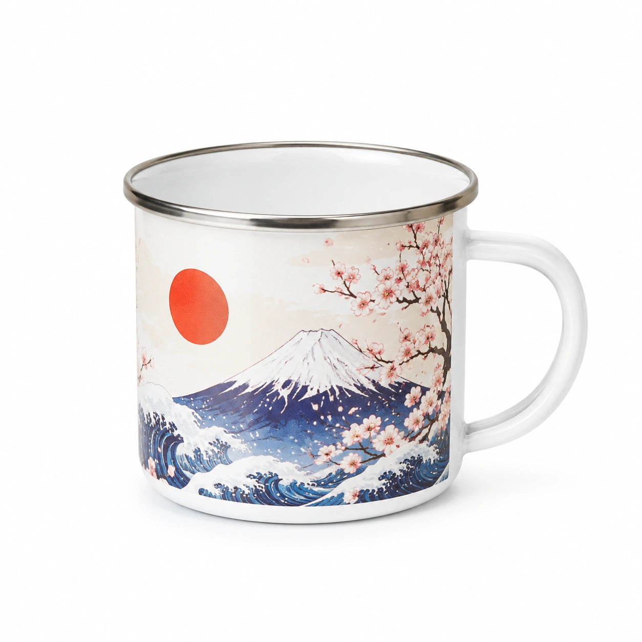 Mug 350 ml diamètre 8.5 cm en acier émaillé blanc pour boissons chaudes et froides à motif paysage