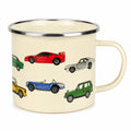 Mug émaillé 350 ml crème à motif voitures - bord métallique pour boissons chaudes et froides