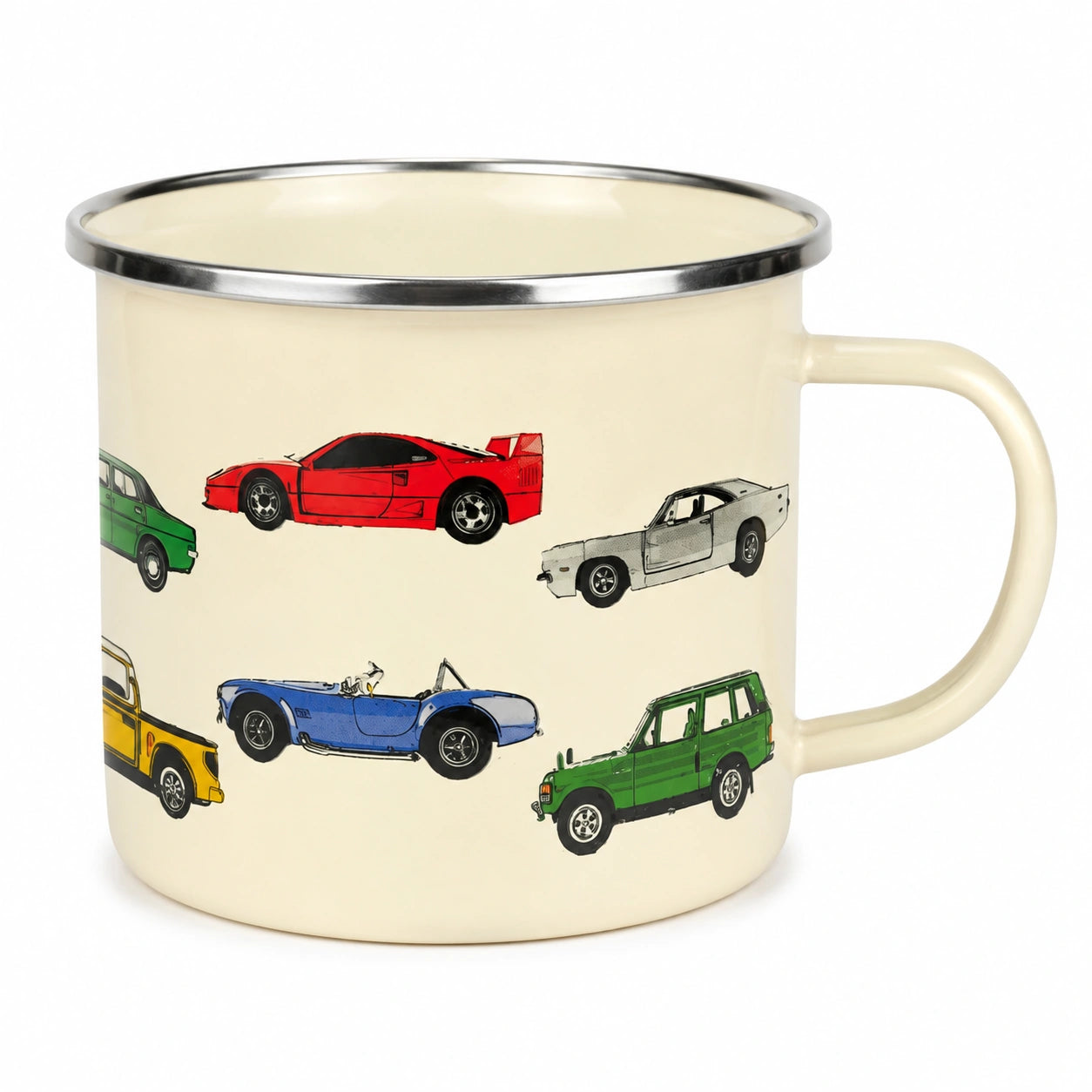 Mug émaillé 350 ml crème à motif voitures - bord métallique pour boissons chaudes et froides
