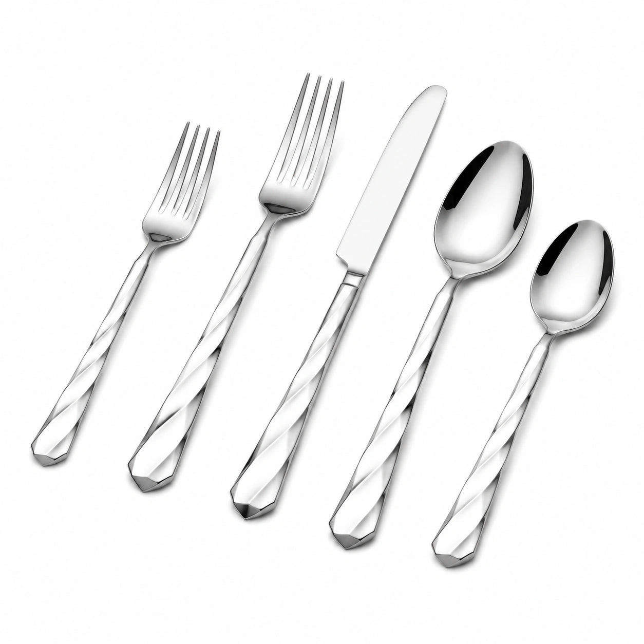 Ménagère 5 pièces 15.5 à 23 cm en acier inoxydable argenté style torsadé