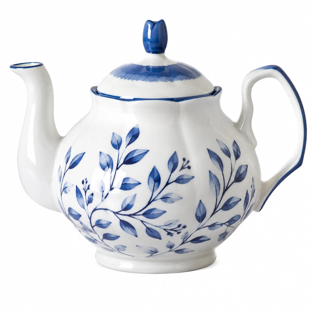 Théière en céramique 1.20 L bleu et blanc à décor végétal avec couvercle